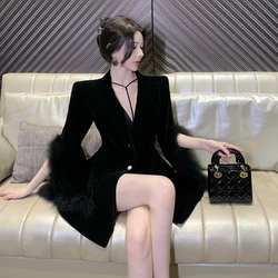 Fur Feather Cuffs Long Sleeve Blazer Dress Women Black Winter Velvet Elegant Night Club Party Jackets Streetwear Slim Thick Coat