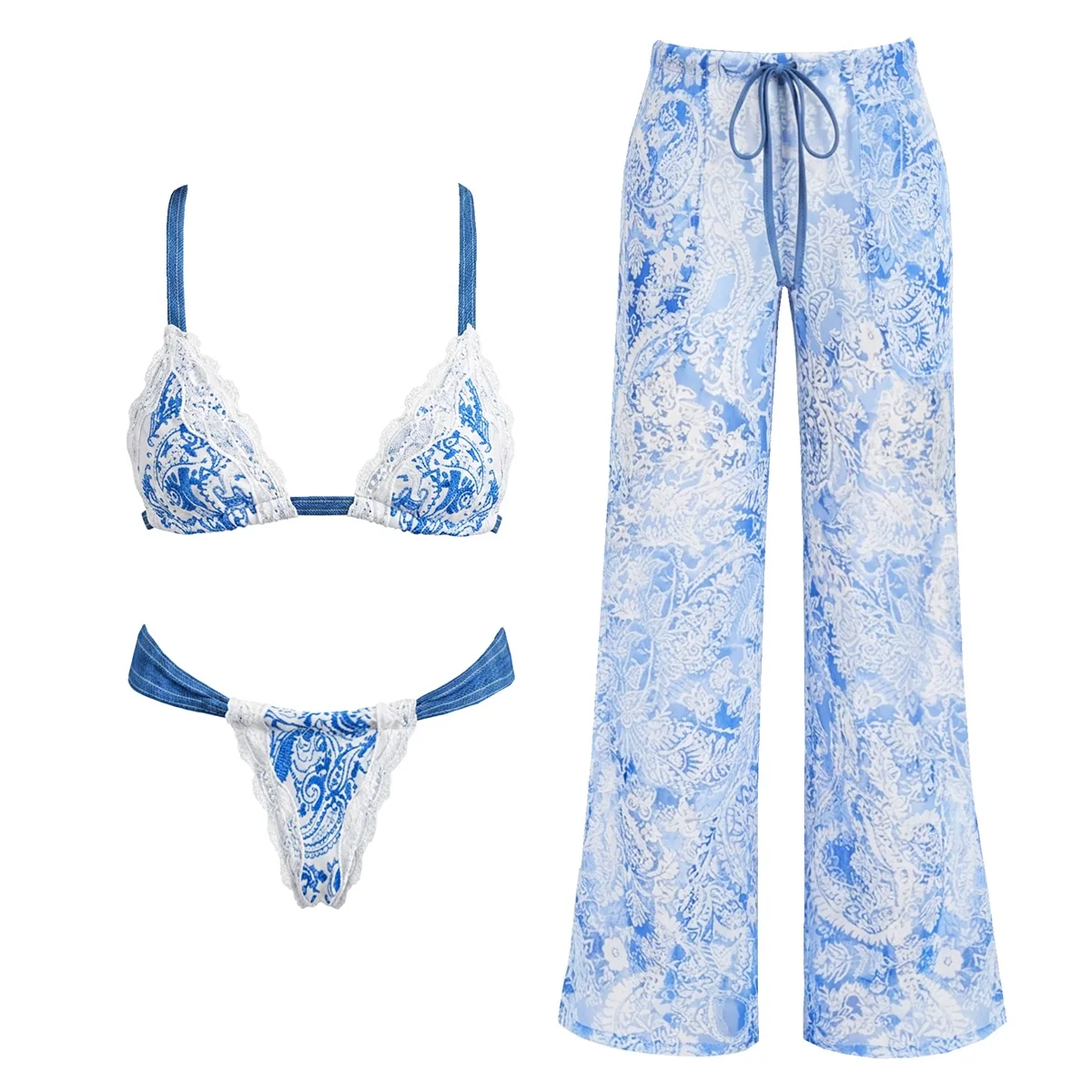 Retro Print 3Pcs Lace Bikini Sexy Women Swimsuit Female Push Up Swimwear Low Waist Swim Suit Beachwear Bathingsuit Micro Biquini