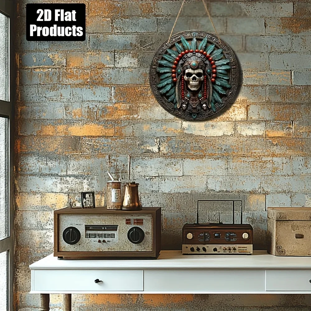 2D Flat, 1pc, Round Wooden Board Decorative Sign, Retro Aztec Skull Theme, Suitable for Bar Kitchen Cafe Home Room Living Room O