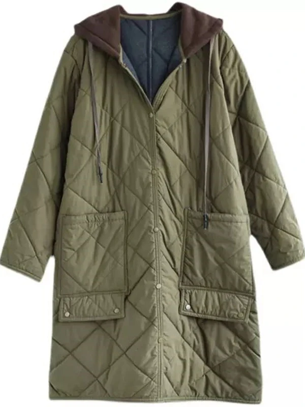 Jaqueta de Aodão Fena de Crimento Médio, Estilo Novo Outono Inverno 2025, com Capuz, Patchwork, Manga Longa, Casual ...