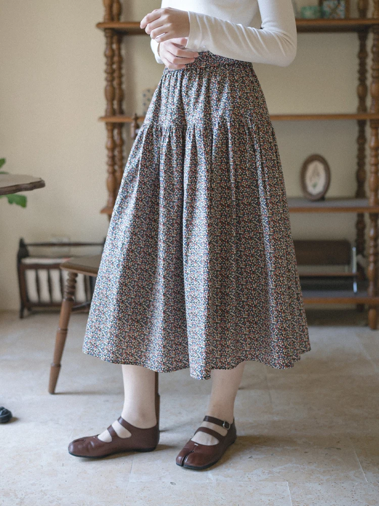 

High Waist A-Line Midi Skirt Marchnoon Vintage Floral Print Cotton Blend Waist Pleated Half Body Skirts Women's Fashion