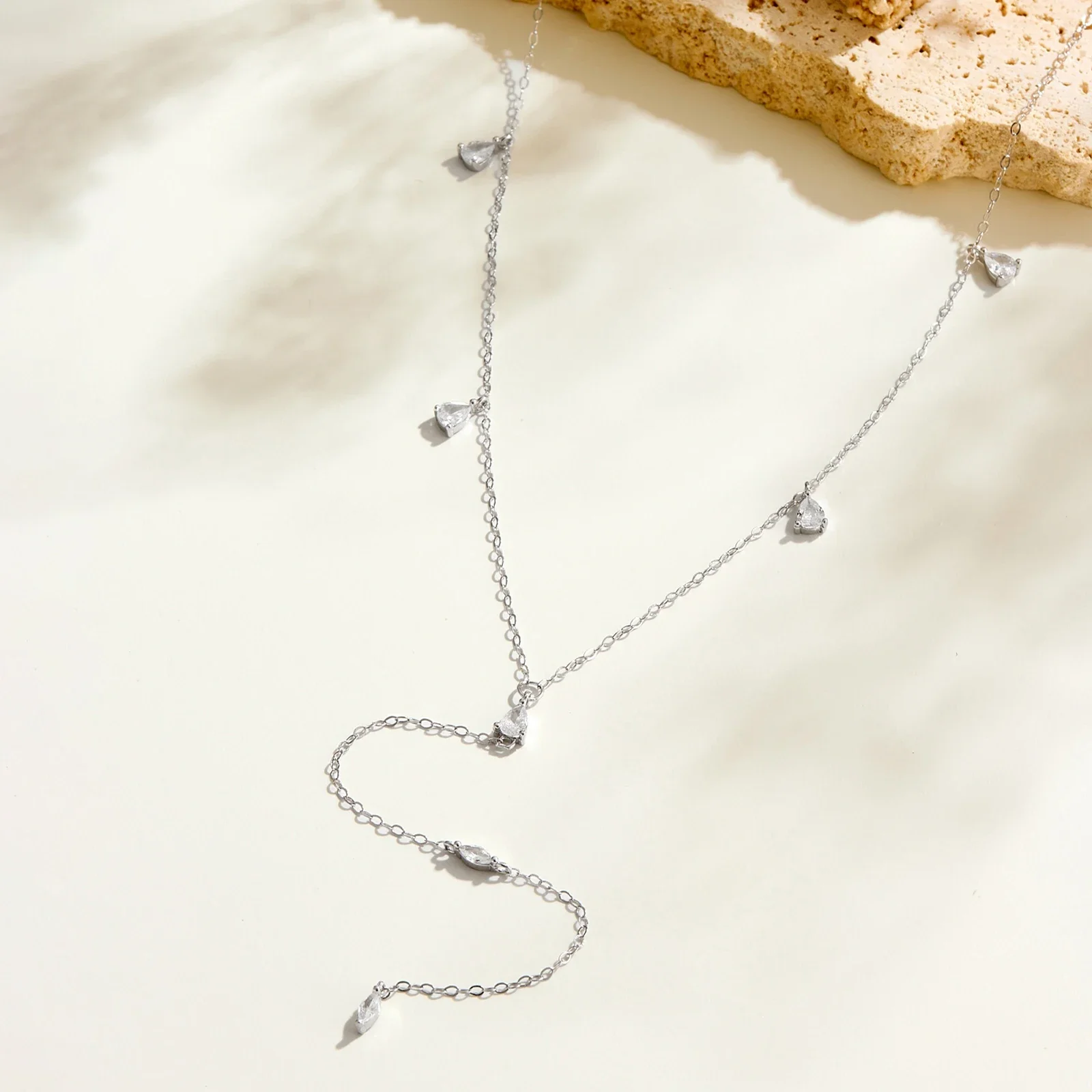 ANDYWEN 925 Silver Triangle CZ Necklace, Y Shape with Long Fringe, Minimalist Jewelry Gift Box, Elegant Office Wear
