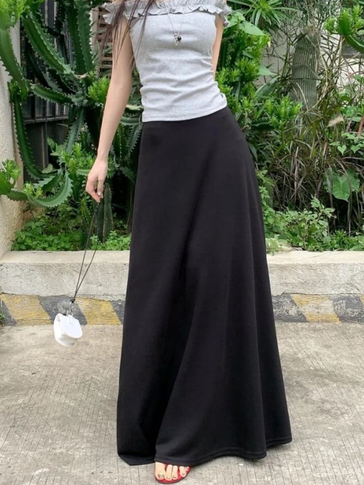 Qiukichonson Grey Black Long Skirts Womens Knitted Skirt 2025 Spring Autumn Korean Goth High Waisted Ruffle Pleated Skirts rok