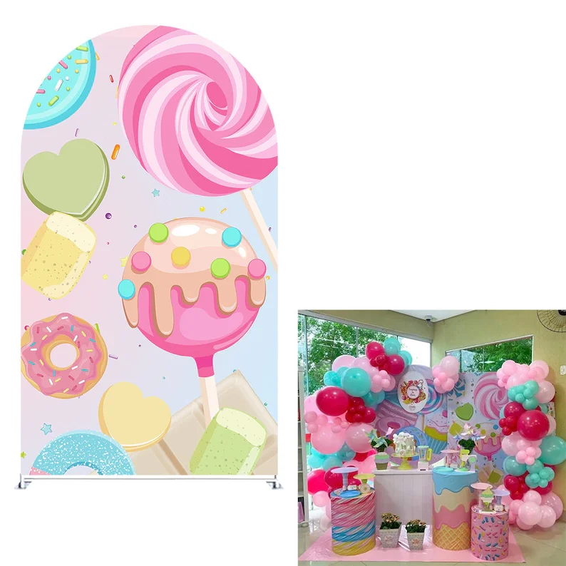 Mehofond Cupcake ArchฉากหลังครอบคลุมSweet Candyวันเกิดเด็กโดนัทสีชมพูฐานกระบอกอาบน้ําเด็กเด็กFesta Decor