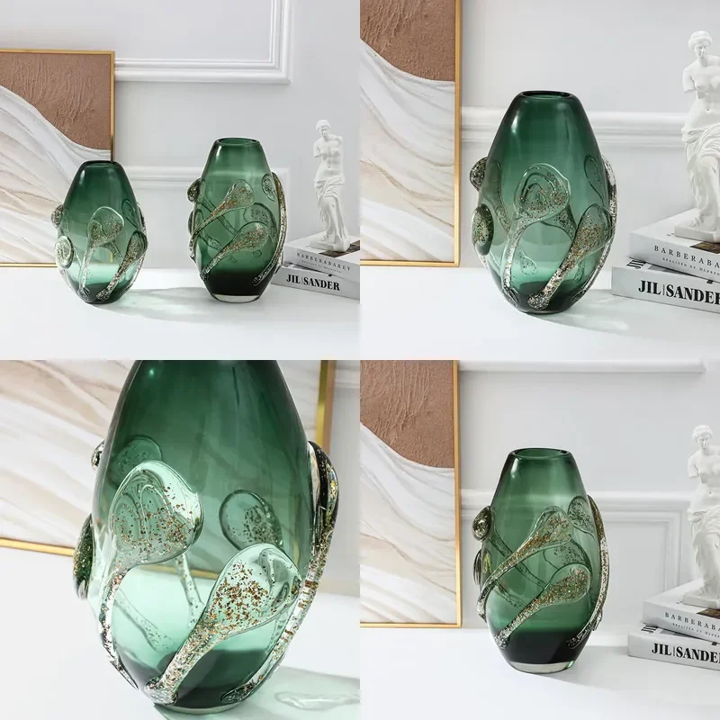Modern Green Gradient Glass Vase for Living Room Dining Table Flower Arrangement Hydroponic Decor Ornament
