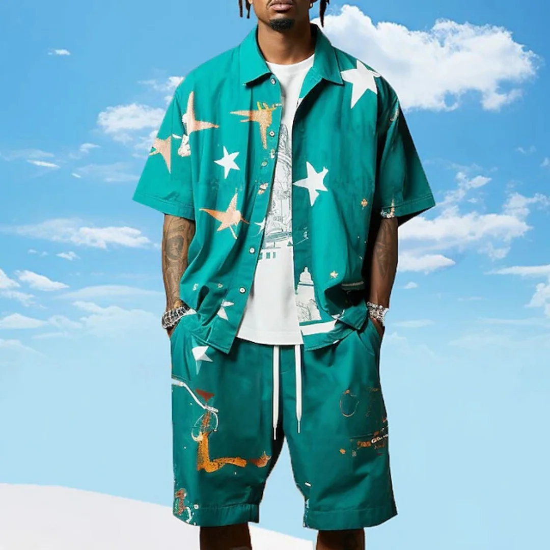 

Summer Men's Star Print Shirt Set Hawaiian Shirt Short Sleeve Shirt Fashion Casual Lapel Street Design Print Men's clothing