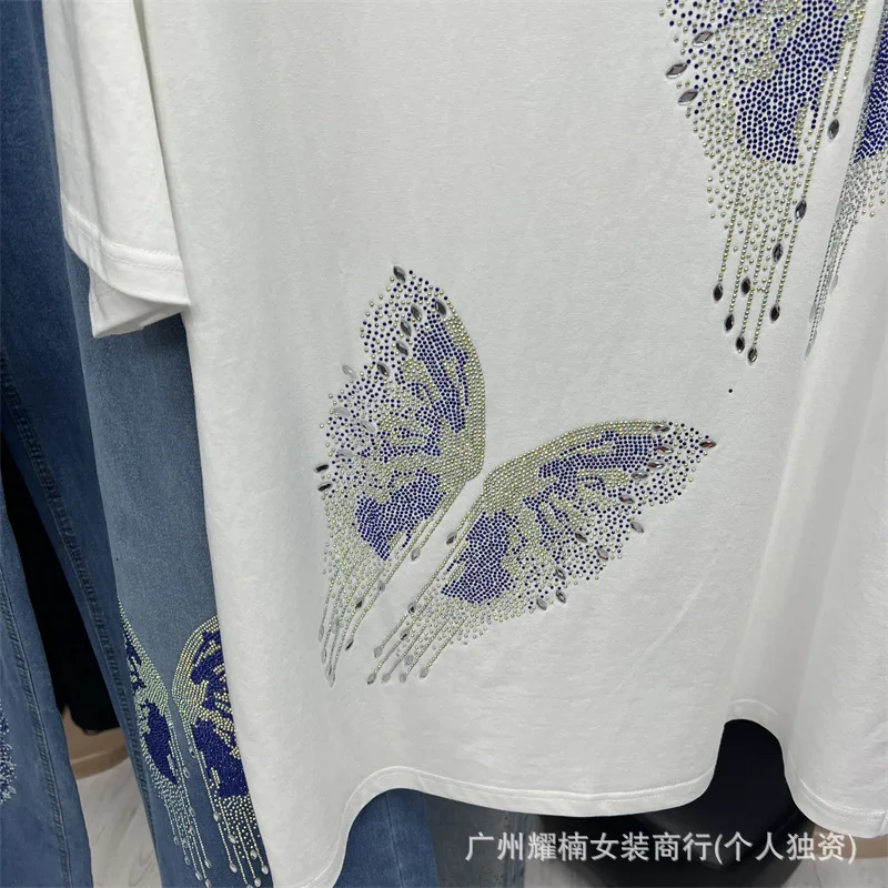 Trendy New Autumn Women Two-piece Set Butterfly Hot Diamonds White Short Sleeve T-shirt Top + High Waist Wide Leg Denim Pants