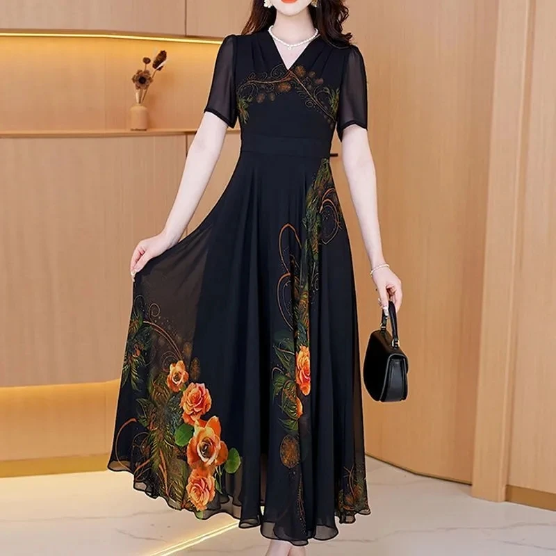 Women Summer Chiffon Dress New High End Fashion V-Neck Long Dresses 5XL Large Size Slim Printed Beach Bohemian Dresses Feminina