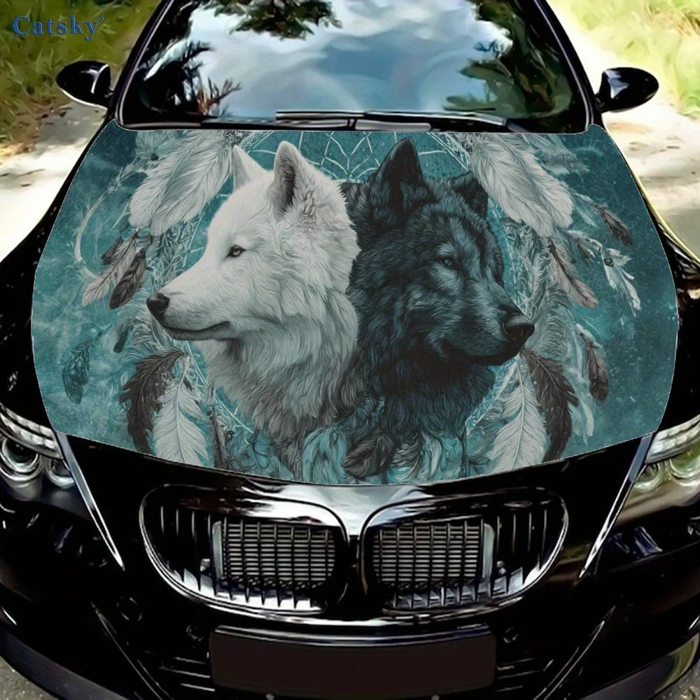 

Зеленый Ловец снов и черно-белые наклейки на капот автомобиля с двумя волками, персонализированная и модная наклейка на автоарт, самоклеящаяся наклейка Waterp