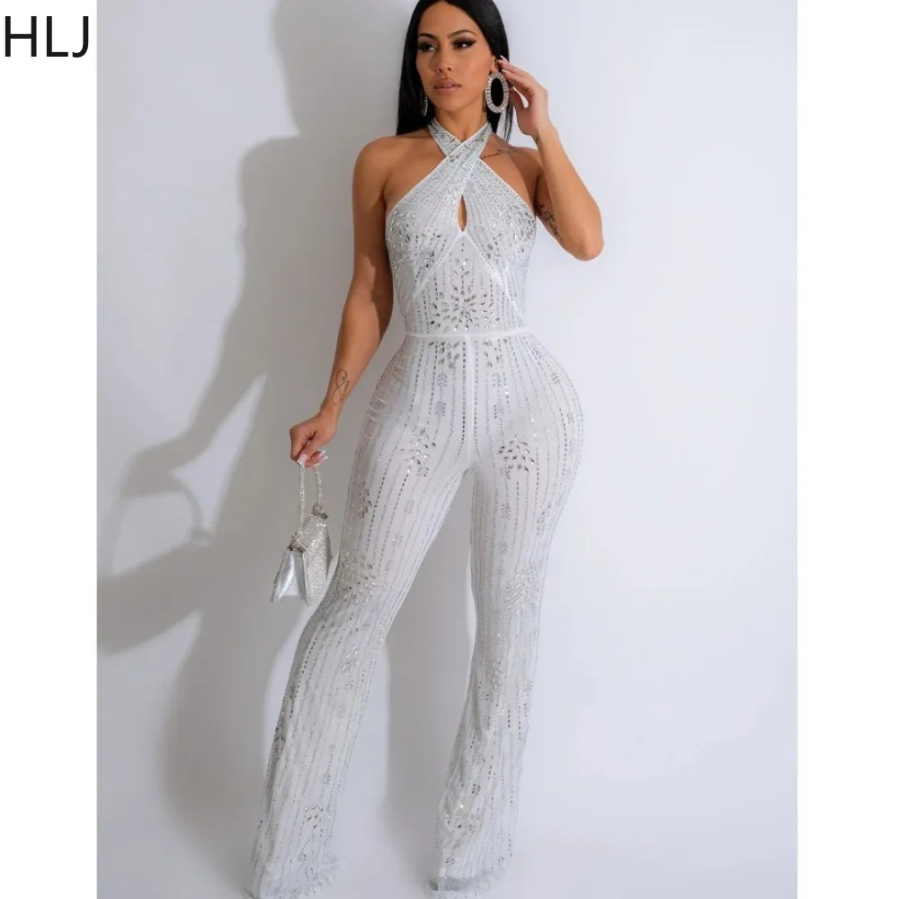 

HLJ Fashion Luxury Rhinestone Hollow Halter Jumpsuits Women Sleeveless Slim Straight Pants One Piece Playsuit Spring New Overall