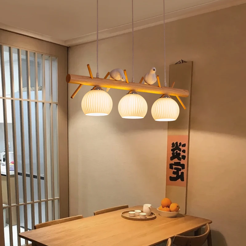 

Bird restaurant chandelier Nordic log solid wood dining room light Creative arts hall main light Japanese retro restaurant light