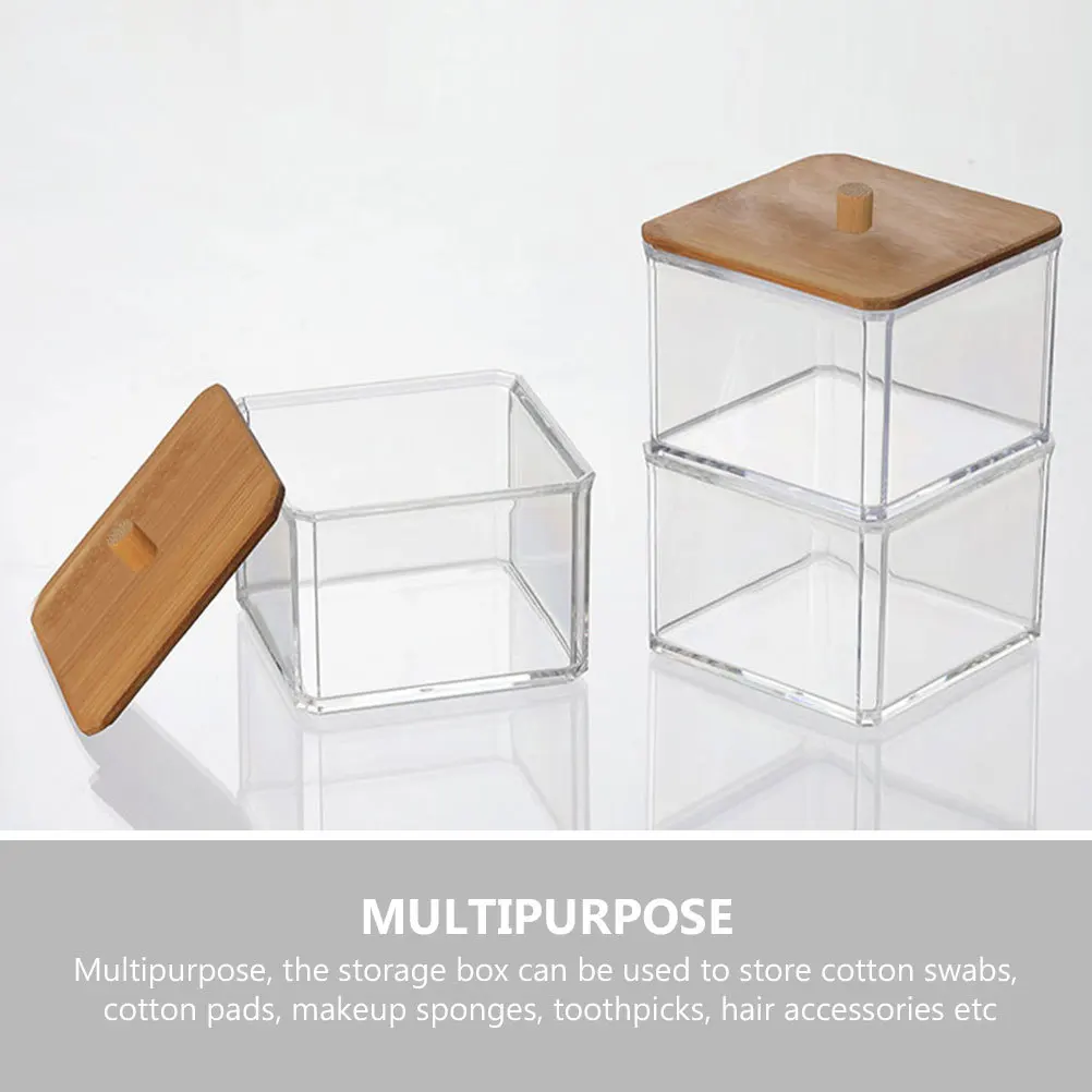

Storage Box Acrylic Bamboo Lid Cotton Swab Holder Organizer For Bathroom Desktop Makeup Accessories Toothpick Dispenser