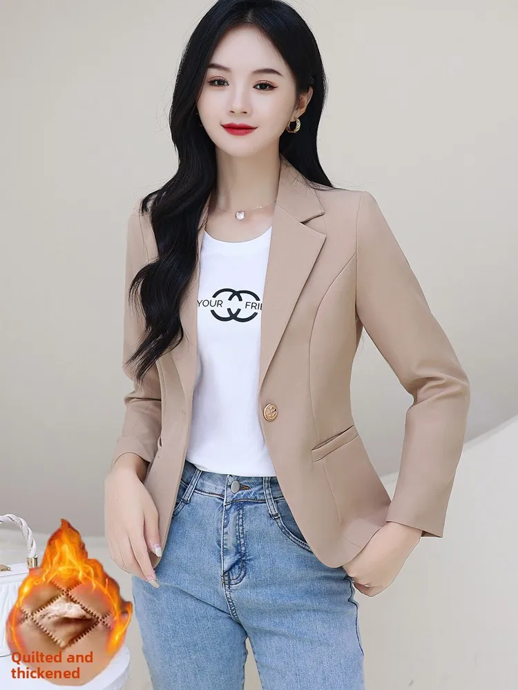 

Khaki Color Women's Casual Fashionable Coat Korean Style Autumn Winter Season Warm Long Sleeve Button up Office Wear Top