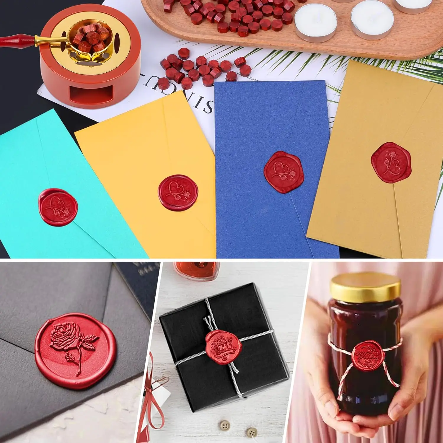 Red Wax Seal Beafs Spoon Warmer Candle Set for Diy Scrapbooking Envelopes Wedding Invitations Gifts Greeting Cards Decoration