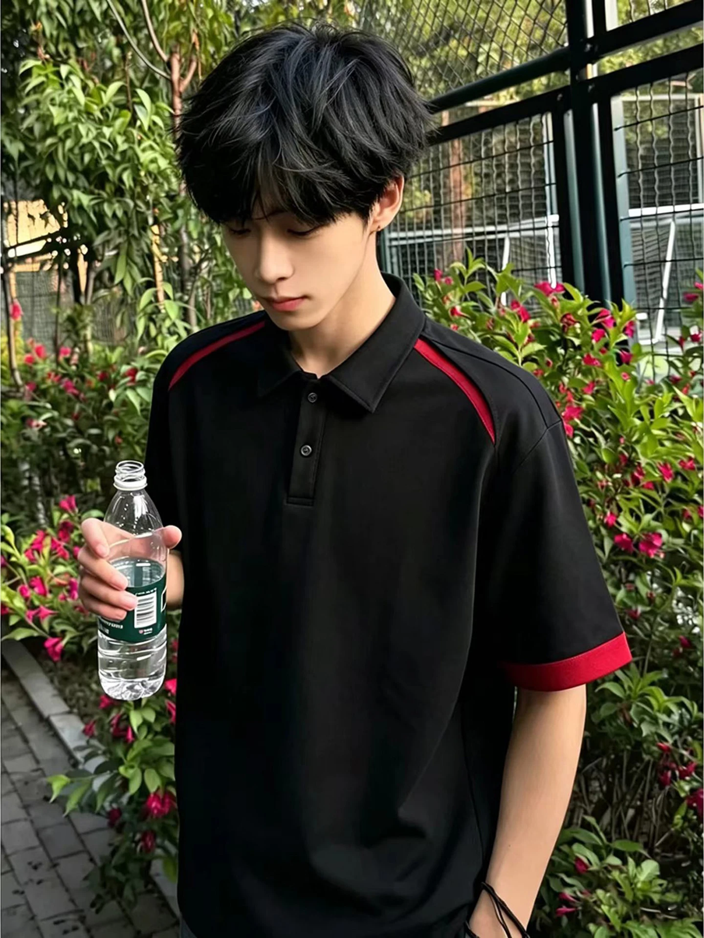 Casual American Style Short Sleeve  Shirt Men's Black And Red Color Block Fake Two-Piece T-Shirt Breathable Soft Comfortable