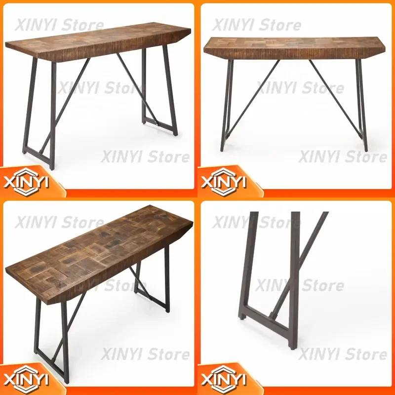 Rustic Industrial Sofa Table with Parquet Pattern Solid Mango Wood Top and Black Iron Base for Living Room Wooden Console