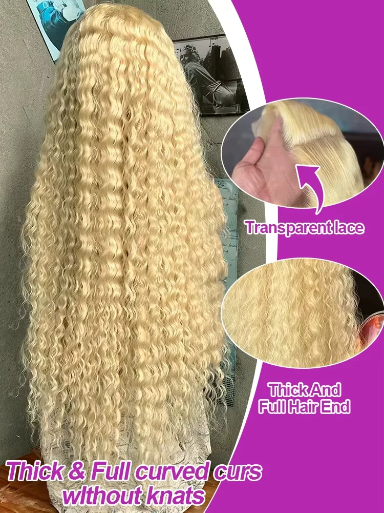 Perucas Loiras 613 com Renda Frontal 13x6 HD, Pré-Prontas, 40 Polegadas, Cabelo Humano Cacheado Ondulado Profundo, 100% para Mulheres Negras, Densidade 250