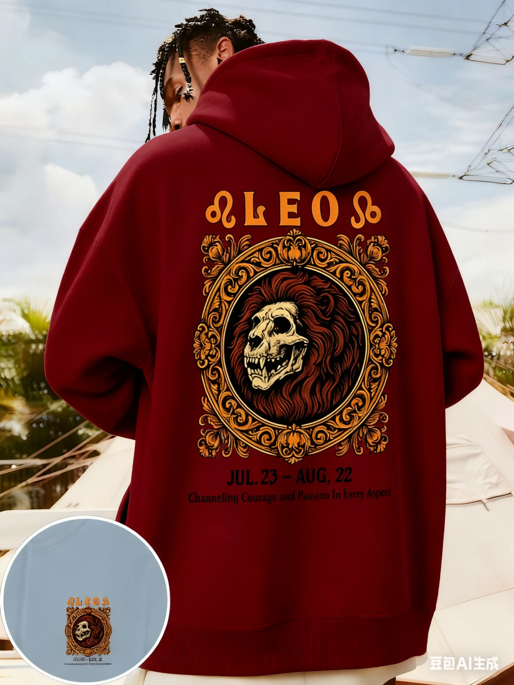 سويت شيرت بقلنسوة رياضي برسومات ليو زودياك لعام 2025 - بلوفر شتوي سميك مع رأس أسد ليو وحروف ليو #2