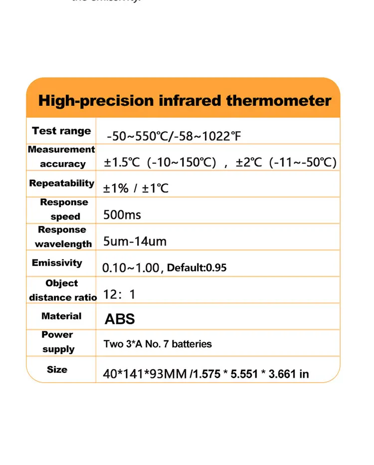Hochempfindliche digitale Infrarot-Messpistole, Hygrometer, Hintergrundbeleuchtung, Bildschirm, Laserpositionierung, berührungslose Temperatur – Detail 19