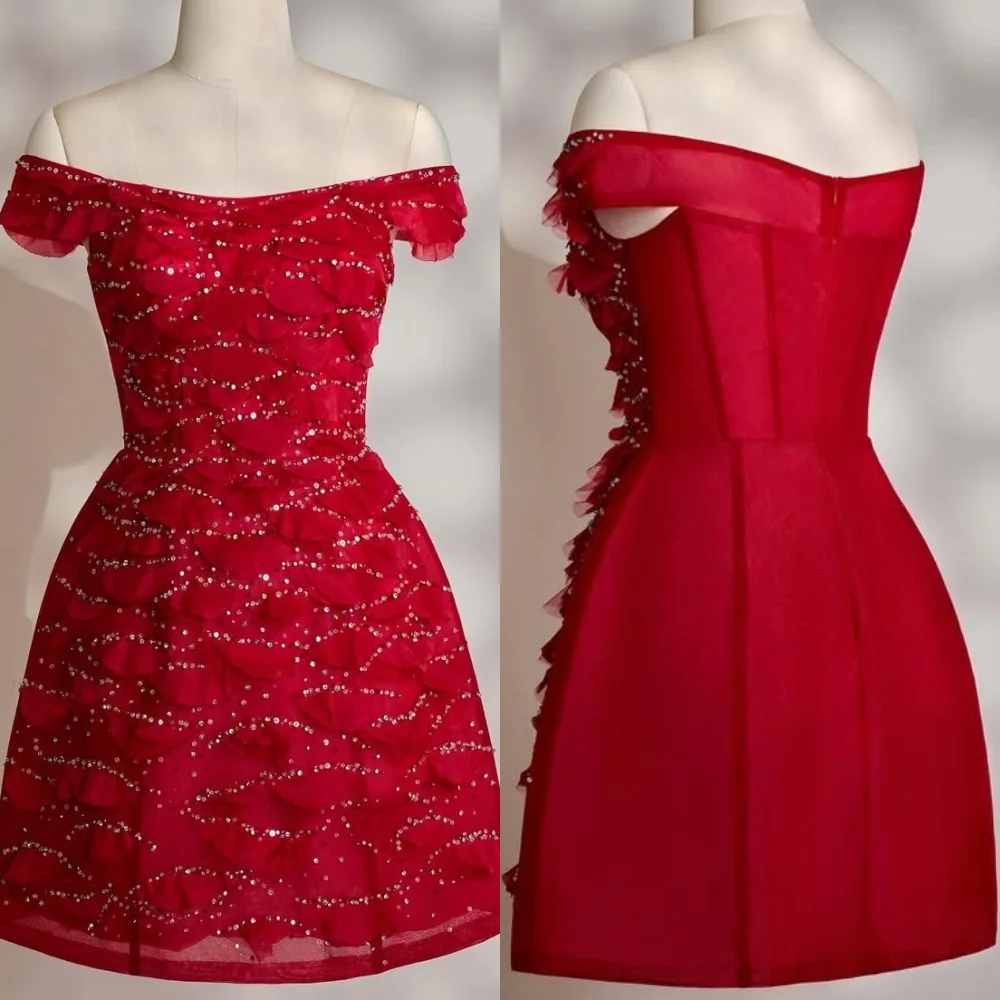 

Индивидуальные современные стильные одинаковые шармезные бисерные рюши трапециевидные мини-платья с открытыми плечами Элегантные платья для особых случаев на заказ