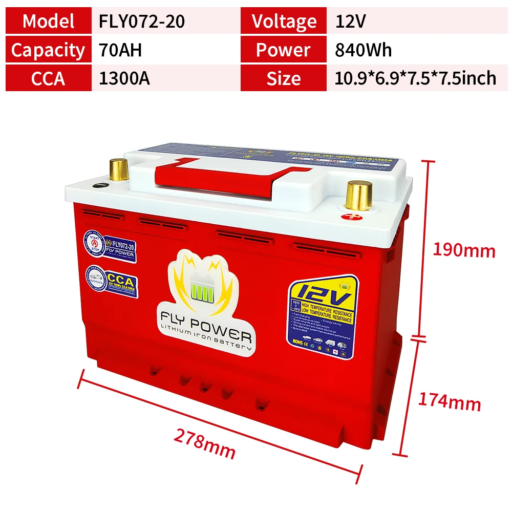 FLY072-20 LiFePO4 Car Starting Battery 12V 70AH 840WH CCA1300A Car Start Lithium iron Battery With Smart BMS