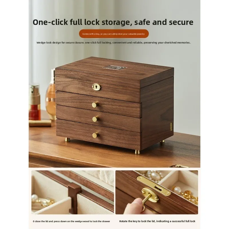 Solid wood jewelry box with lock, multi-layer storage box, jewelry box with large capacity