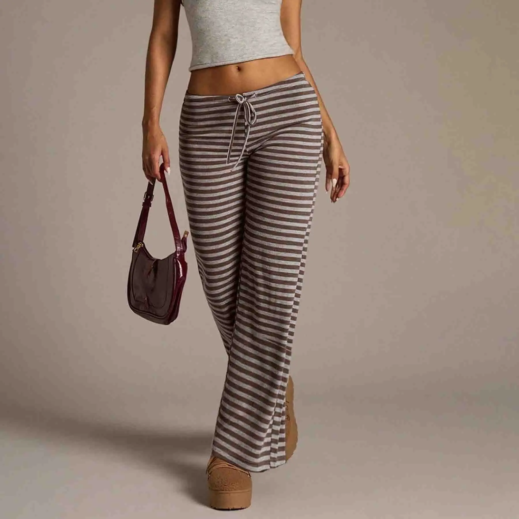 Low Waist Drawstring Flared Pants for Women Made of Polyester Stretch Knit Fabric Suitable for Vacation and Fitness