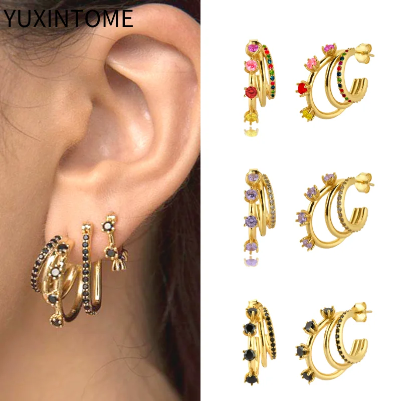 925 Sterling Silver Ear Needle Luxury C Shape Stud Earrings For Women Colorful Zircon Piercing Gold Earrings Fashion Jewelry