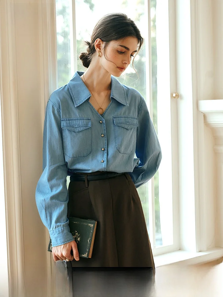 

OLrain Blue Denim irt Женская зимняя новинка V-ne Long Sve Свободный крой Удобная дышащая смесь хлопка Повседневная irt