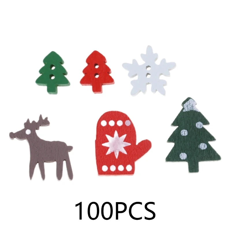 100Pcs Assorted Christmas Wooden Buttons Tree Snowflake Glove Reindeer 2 Holes Sewing Button for DIY Art Crafts