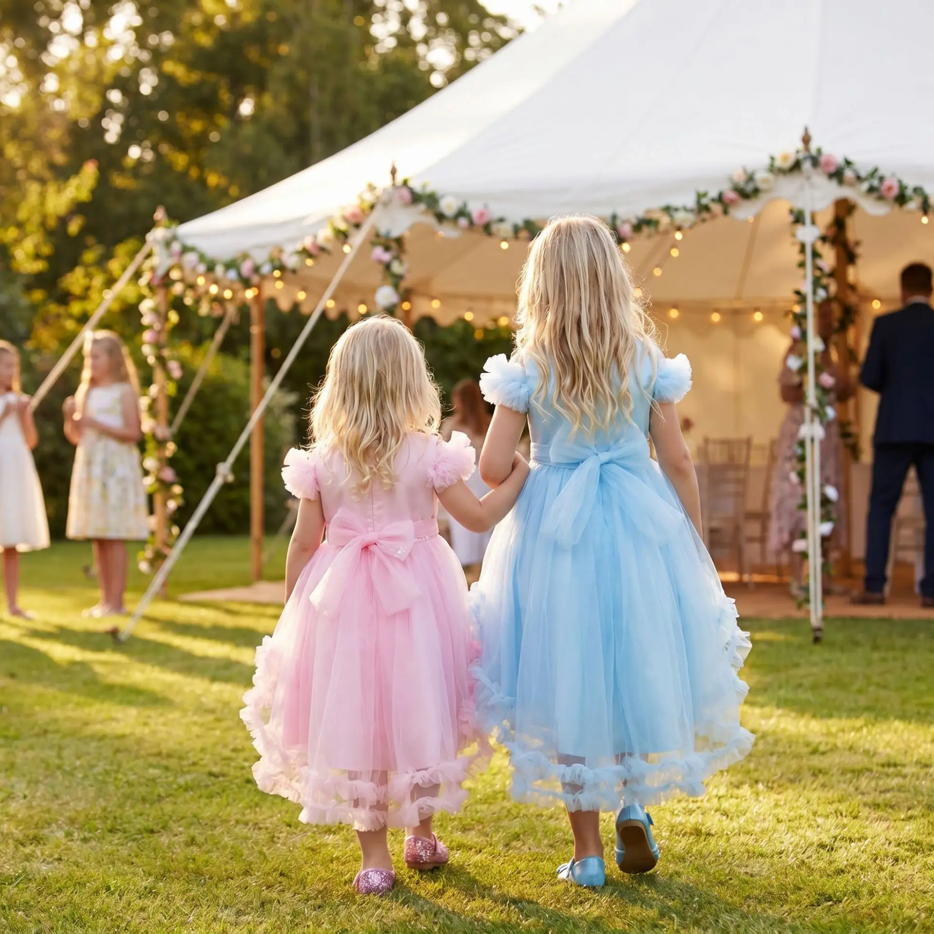 Pink Flower Girl Dress Illusion Round Neck Off-the-Shoulder Ruffle Tulle Sequin 3D Pom Poms High-Low Train Bow Kids Formal Gown