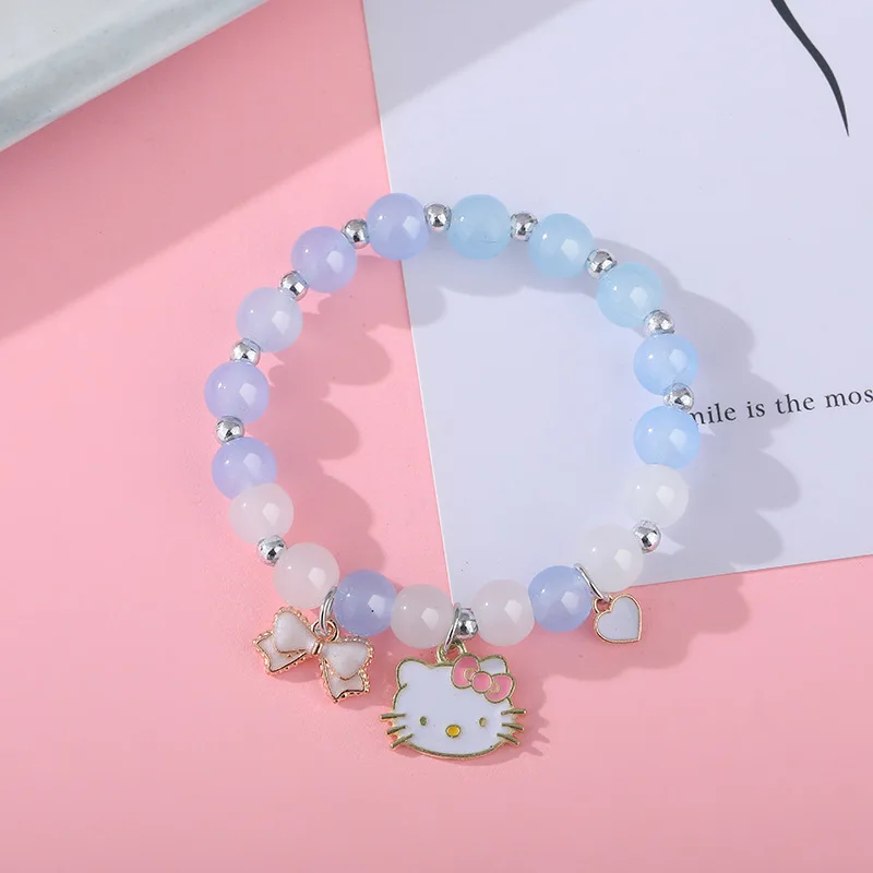 Cartoon Charms Bracelets Kawaii Hello Kitty Pendant New 18Cm Imitation Pearl Crystal Glass Beads Bangle Jewelry Gifts for Girls