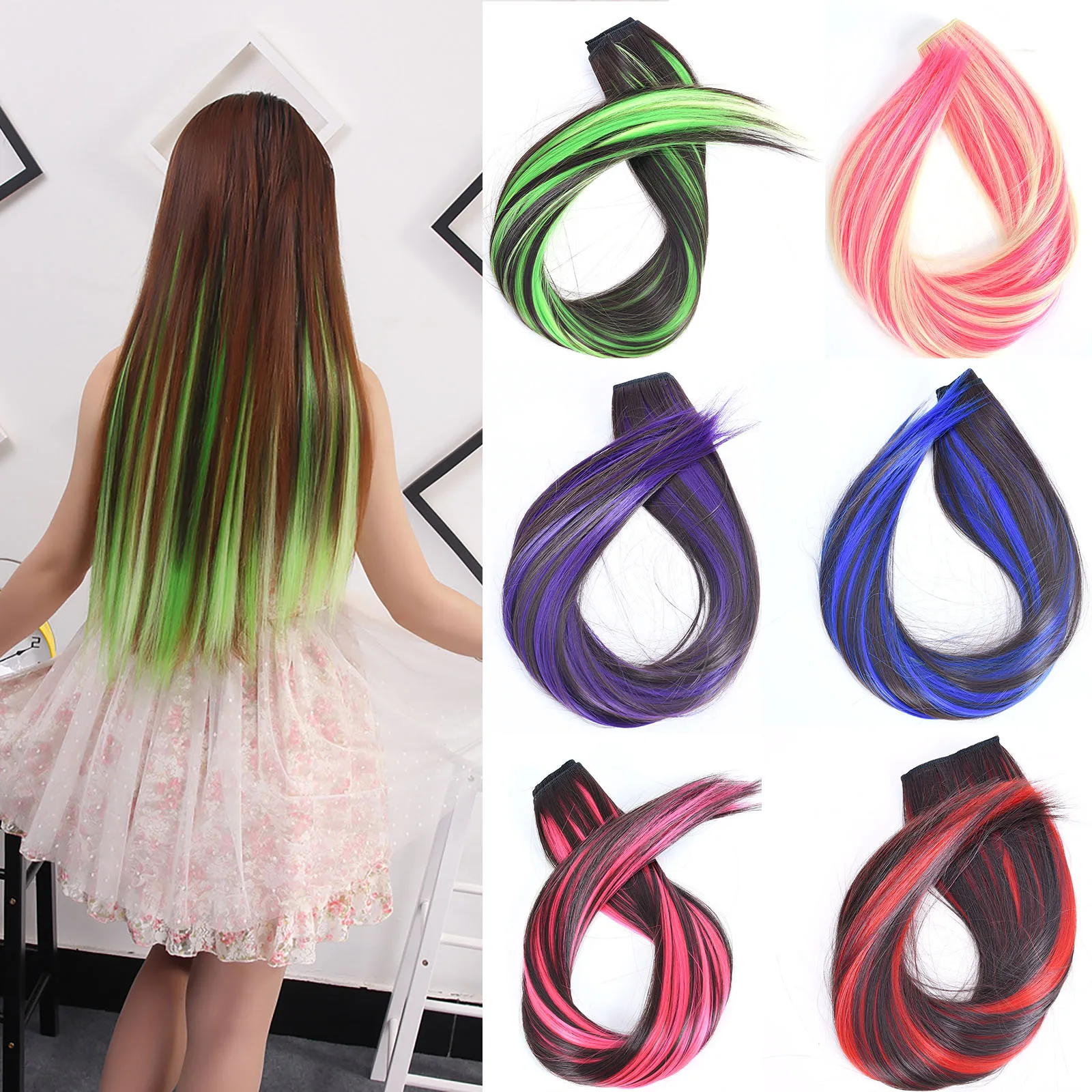 

Jeedou Hair Extension Clip-in Straight Hairpiece 5-Clips One Piece Piano Highlighted Color Masquerade Party Synthetic Hair