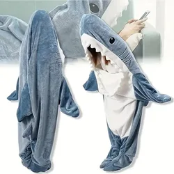 Wearable Shark Blankets Women Flannel Hoodie Blankets Cute Soft Shark Pajamas Warm Shawl Plaid Gown Comfy Bathrobe Homewear