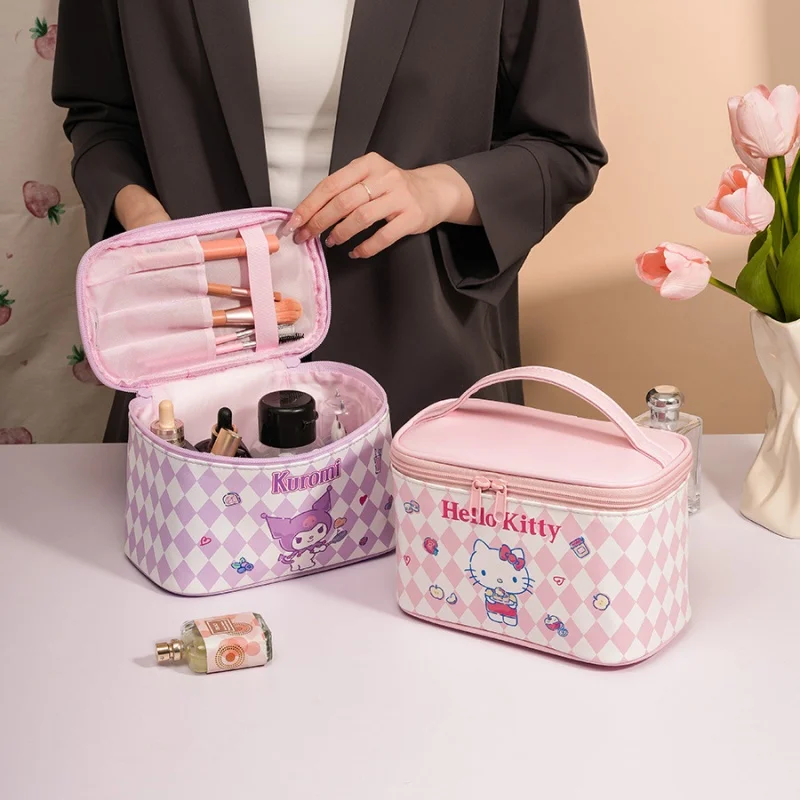 MINSO Senrio Kuromi Make Up Bag Cartoon Cute Large Capacity PU Travel Portable Toiletbag Bucket-shaped Hello Kitty Cosmetic Bag