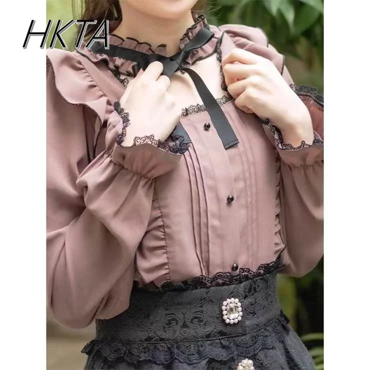 Japanese Rojita Shirt Women Sweet Lolita Pink Blouse Shirts Camisas Spring Autumn Women's Puff Long Sleeve Bow Blouses Top Mujer