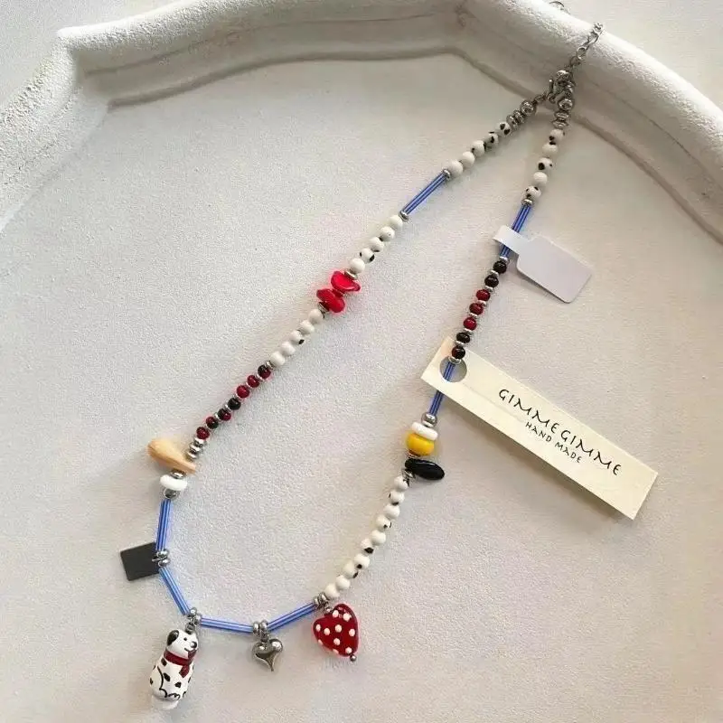 Collar con colgante de cachorro dálmata, cuentas blancas y negras personalizadas, joyería de regalo para mujer