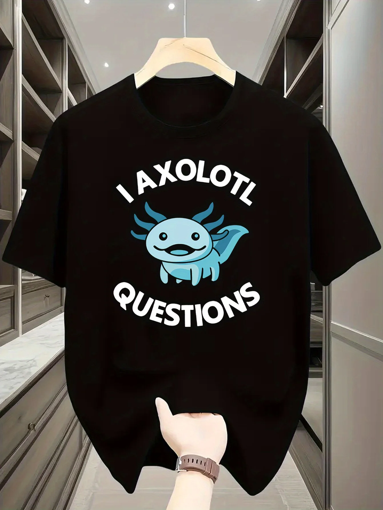 

Мужская футболка с рисунком I AXOLOTL QUESTIONS — черная повседневная футболка с круглым вырезом с короткими рукавами и милым принтом аксолотля, легкая