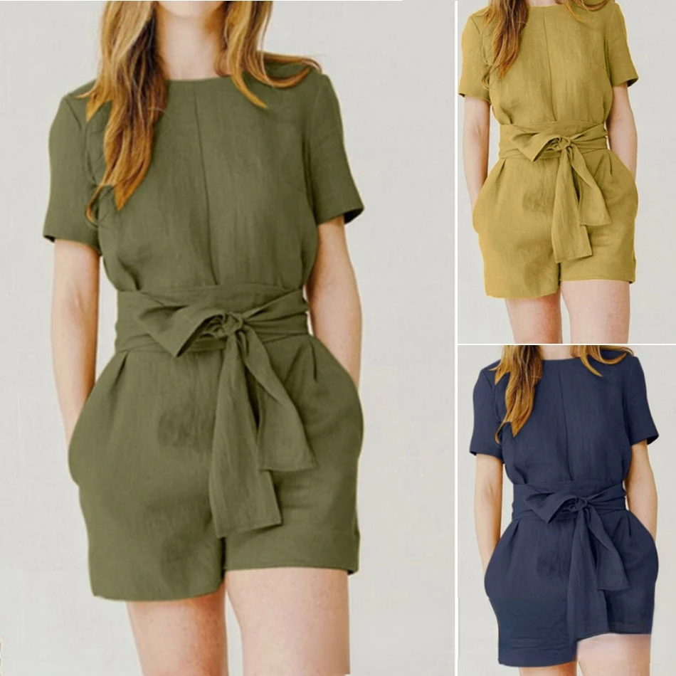 

Новинка 2023, комплект с коротким рукавом из хлопка и конопли, Женский однотонный Повседневный цельный ремень с карманами