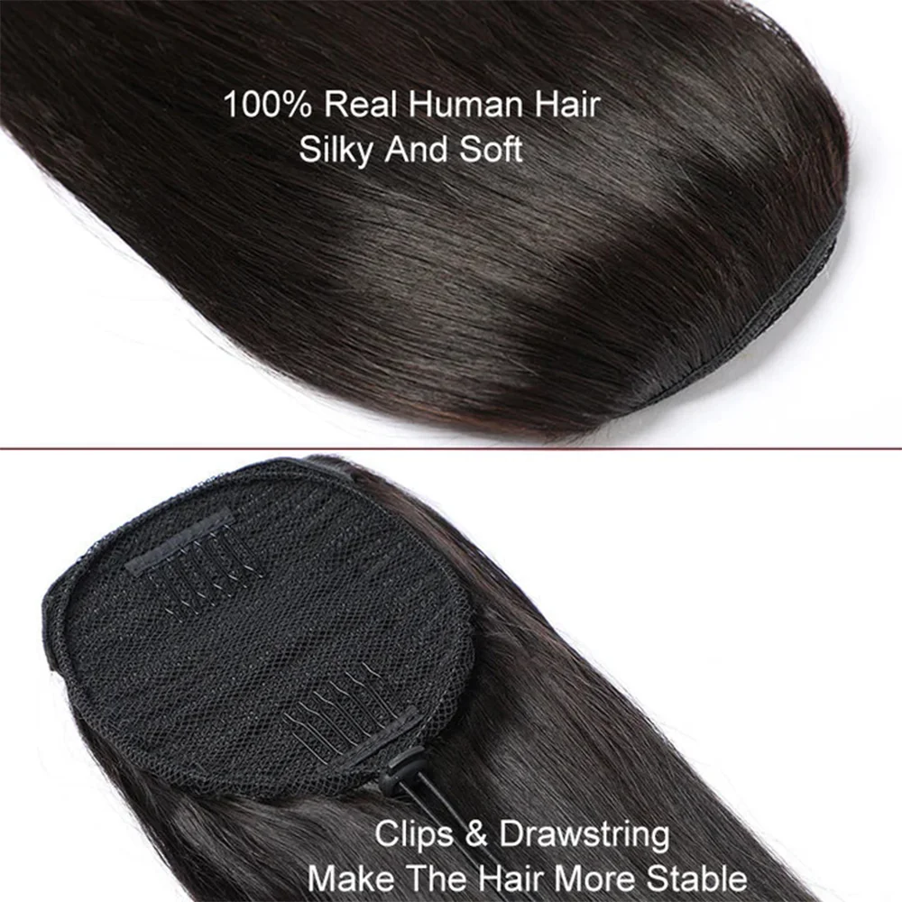 Straight Ponytail Hair Drawstring Ponytail Remy 100% Human Hair Extensions Chip-in Hair Wrap Ponytail Extensions Natural Black