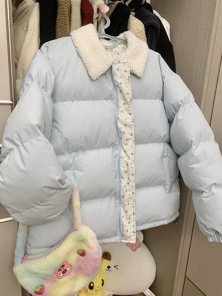 ブルーフローラルスイートパーカー女性毛皮の襟パッチワーク韓国プレッピーパフィーコート冬厚い学生かわいいジッパー長袖トップ