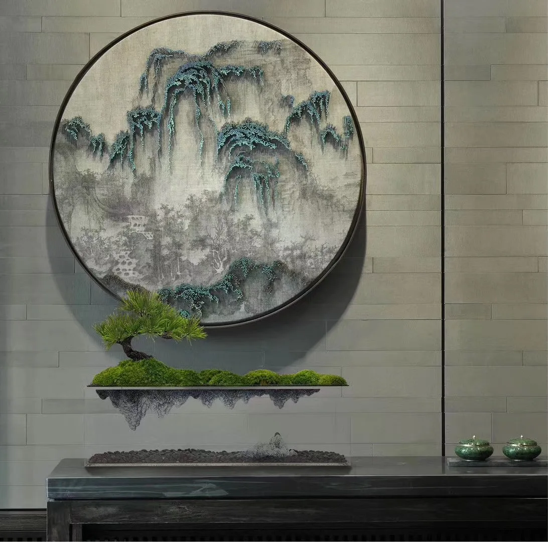 Zen Landscape Reflection Artificial Greeting Pine Bonsai Green Plant Model Room Entrance Tea Room Study Side View Decoration