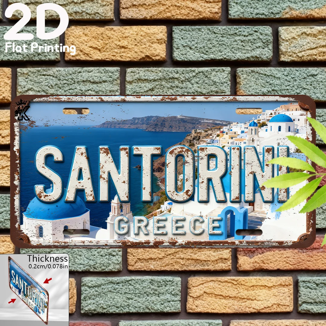 2D Flat - 1pc 2D Flat Printing Retro Aluminum Plate | Santorini Greece Decorative Plaque & Statues (15.24cm x 30.48cm), Vintage