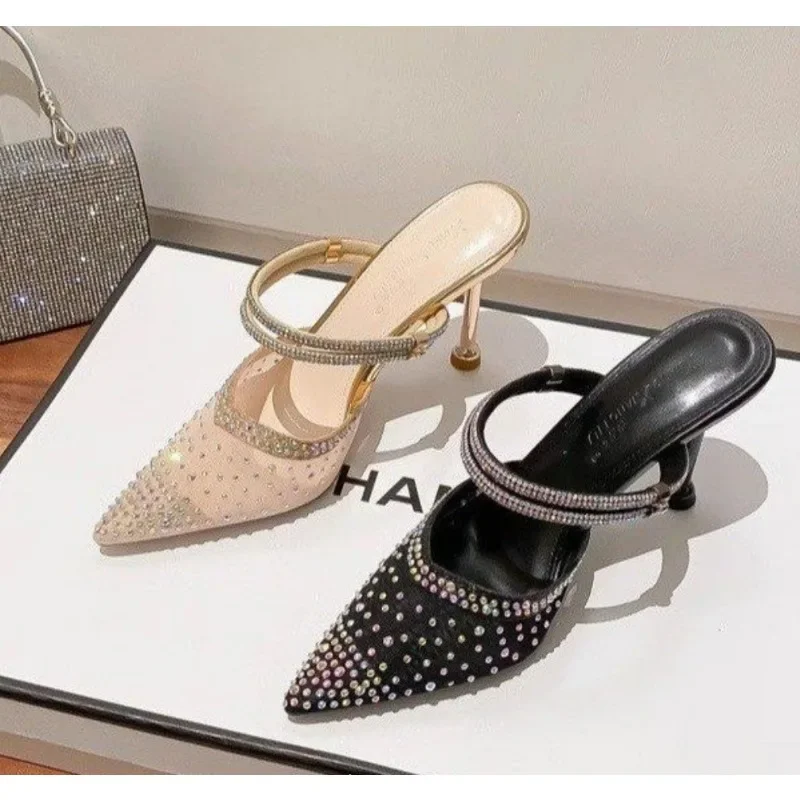 2025 Zapatillas de mujer, Sandalias de tacón alto de malla con punta estrecha para mujer, zapatillas de tacón fino de diseño de marca, zapatos de fiesta de cristal para mujer