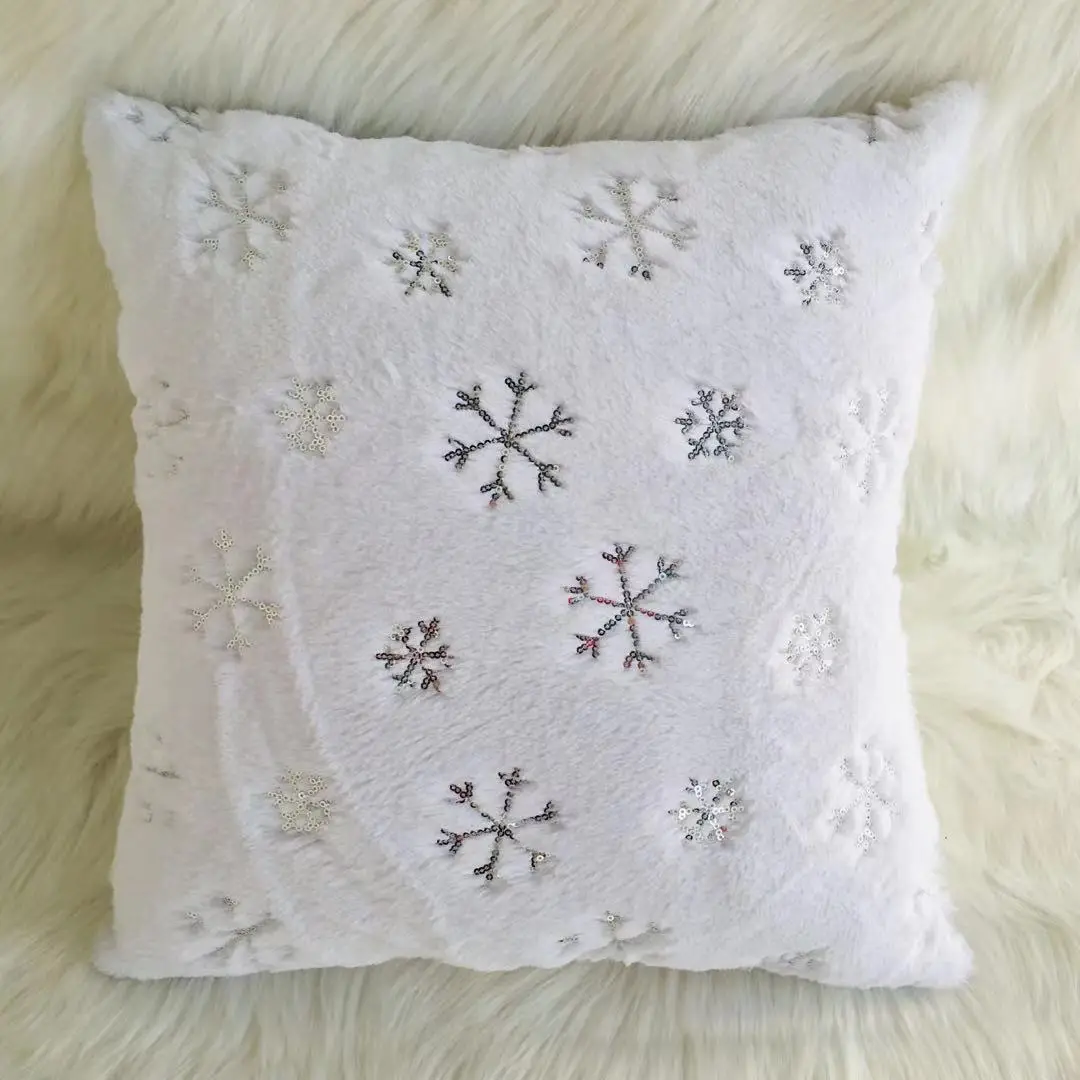Christmas Decoration Silver Sequin Snowflake Cushion Cover Single Side Plush Gold Sequin Embroidered Xmas Tree  Pillow Cover