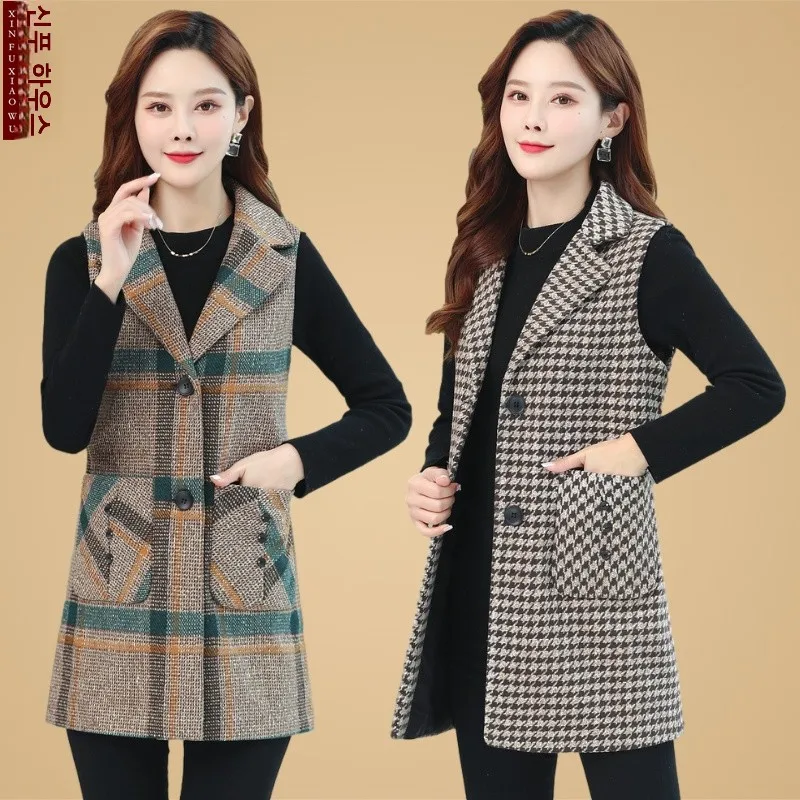 

Women's Plaid Vest Long Sle 40-49 Years Old Faioned Polyester Material Autumn Winter Outerwear Single Button ket Detail