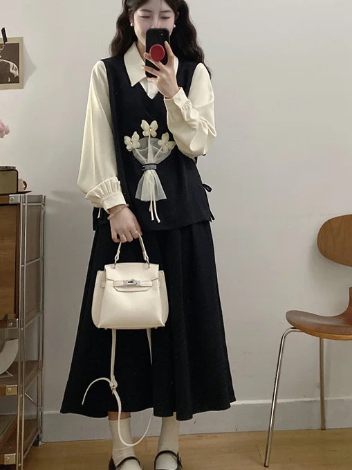 Primavera 2025, conjunto Faion de talla grande para mujer con falda de flores y pajarita, conjunto de dos piezas largo Sve