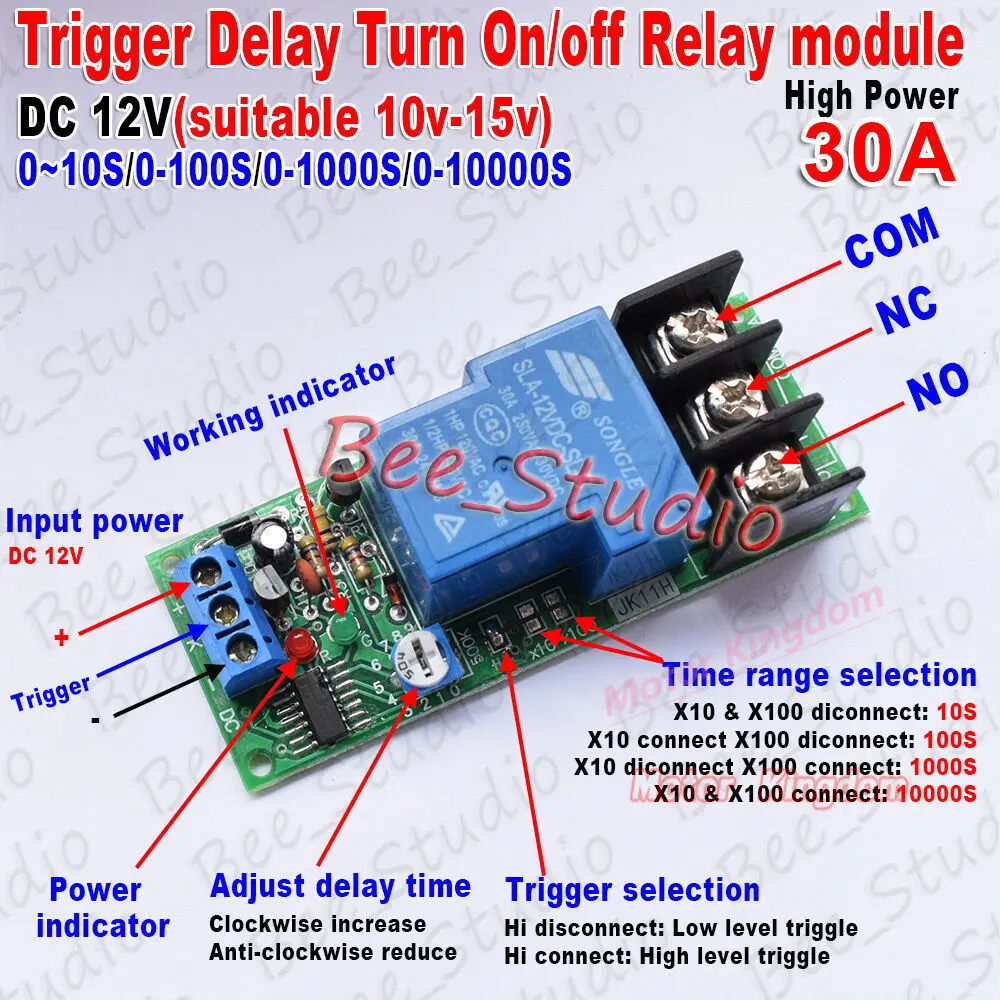 0~10s,0~100s,0~1000s,0~10000s Trigger Delay Timer Switch Turn ON/Off Relay Module High Power DC12V/24V  30A PLC