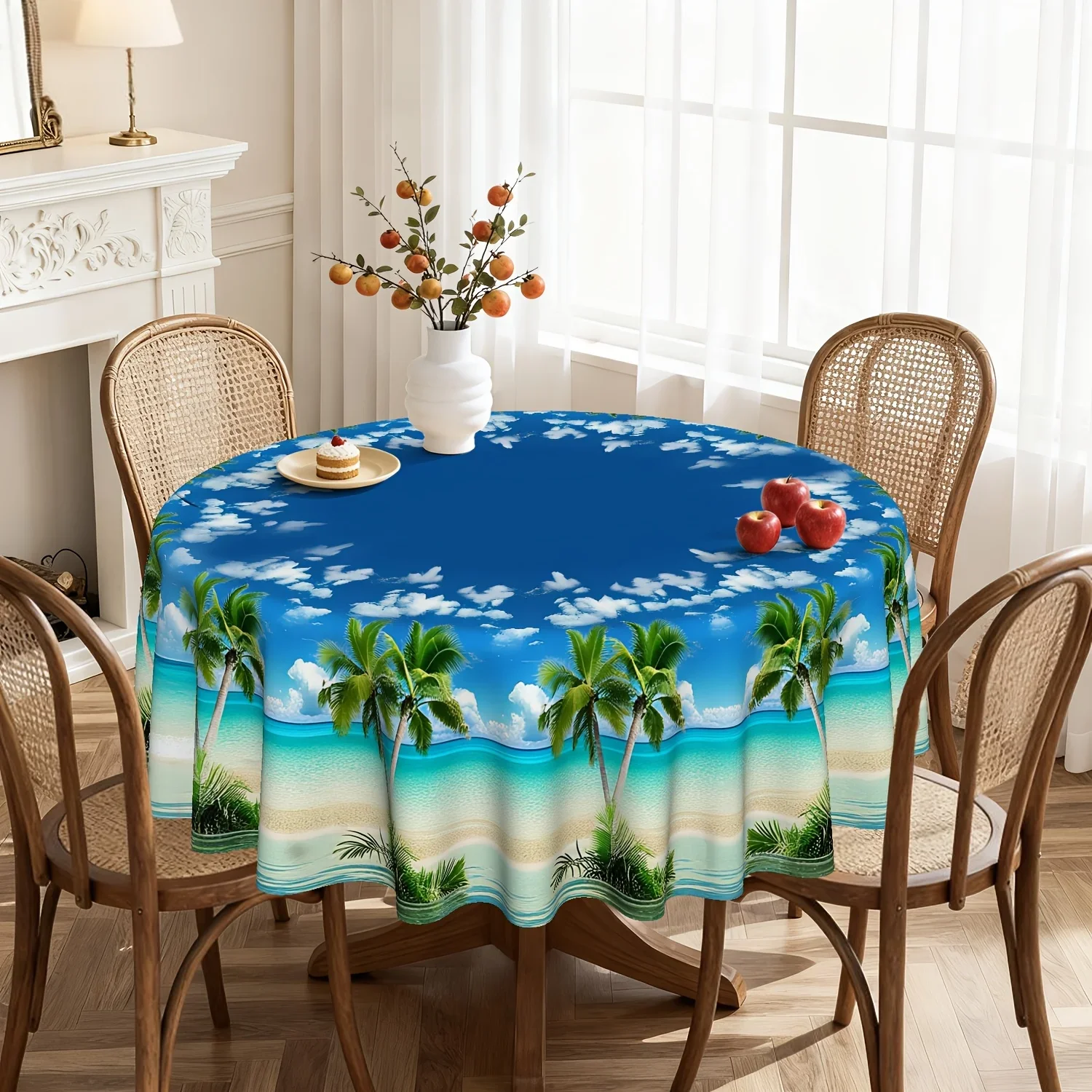 1 piece, Hawaiian coconut tree themed tablecloth, featuring beach, blue sky, sea, and coconut tree pattern designxzj