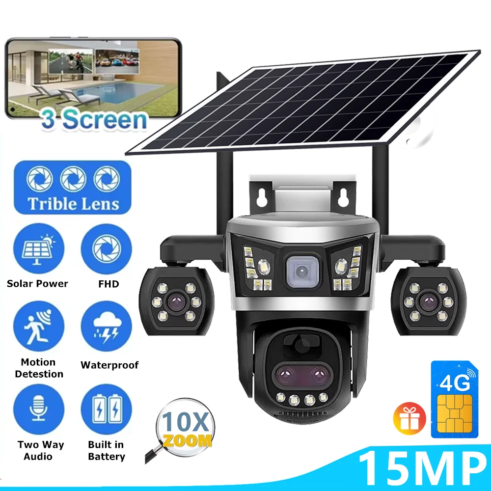 

3 Lens Solar Zoom Security Camera Low Power 4G Wireless Outdoor Night Vision Surveillance for Home Protection IR Human Detection